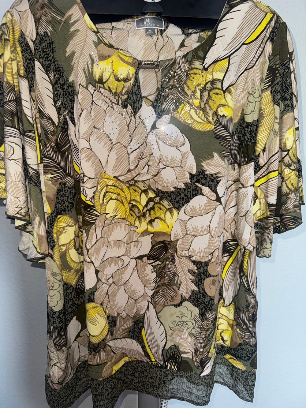 JM Collection Olive and Yellow Floral Keyhole Flutter Sleeve Tunic